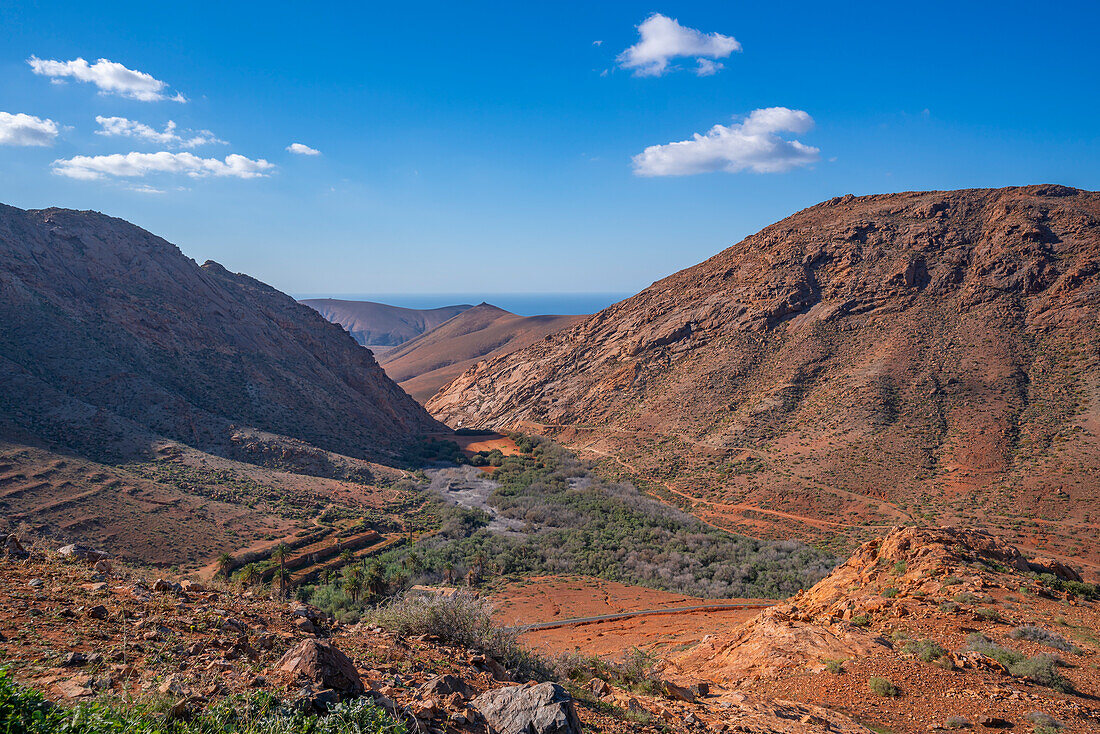 Blick auf die Landschaft bei Vega de Rio Palmas, Betancuria, Fuerteventura, Kanarische Inseln, Spanien, Atlantik, Europa