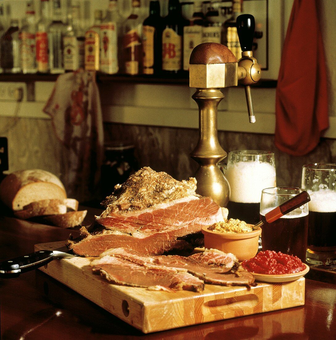 Corn Beef Sliced on a Cutting Board