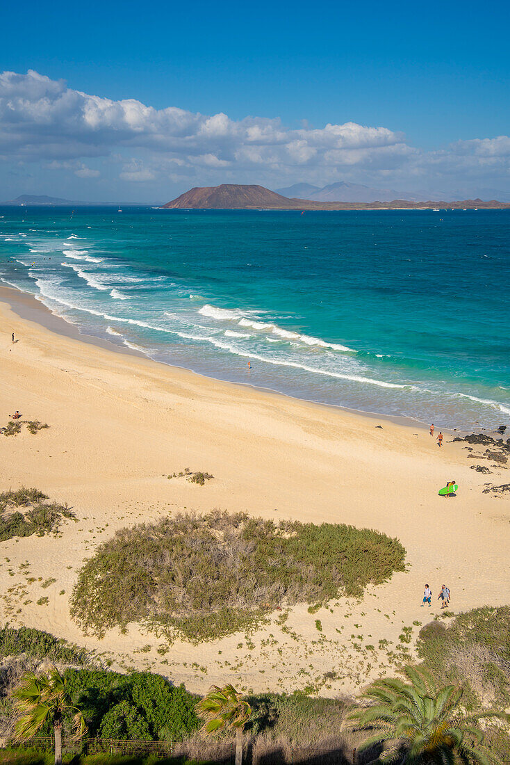 Blick von oben auf den Strand und den Atlantik, Naturpark Corralejo, Fuerteventura, Kanarische Inseln, Spanien, Atlantik, Europa