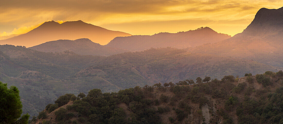 View of Mount Etna from Savoca at sunset, Savoca, Messina, Sicily, Italy, Mediterranean, Europe