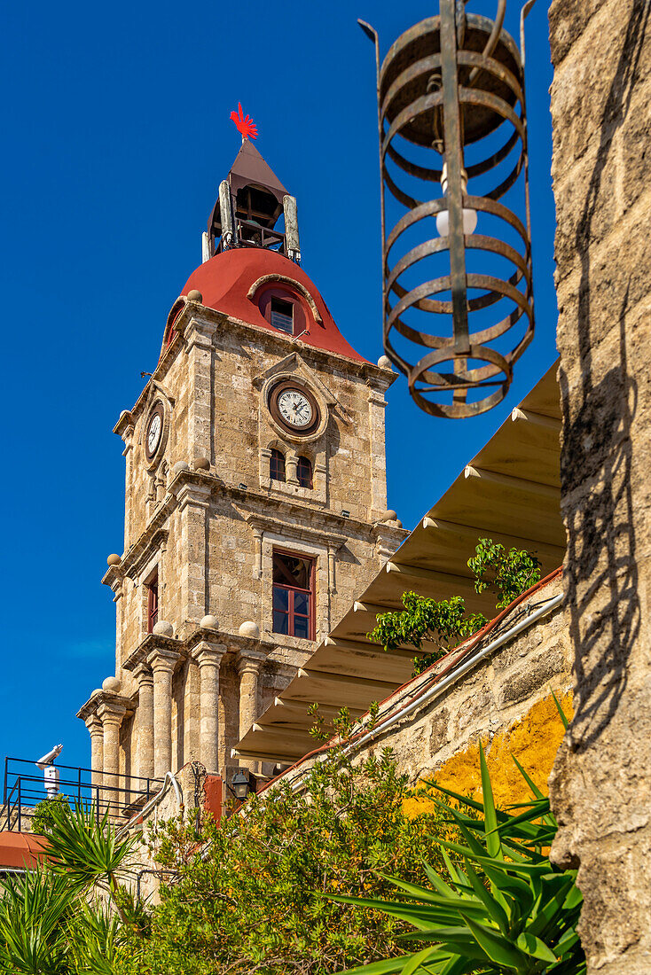 View of Medieval Clock Tower, Old Rhodes Town, UNESCO World Heritage Site, Rhodes, Dodecanese, Greek Islands, Greece, Europe