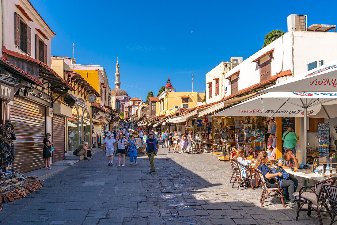 View of Mosque of Suleiman and shops on Soktratous, Old Rhodes Town, UNESCO World Heritage Site, Rhodes, Dodecanese, Greek Islands, Greece, Europe