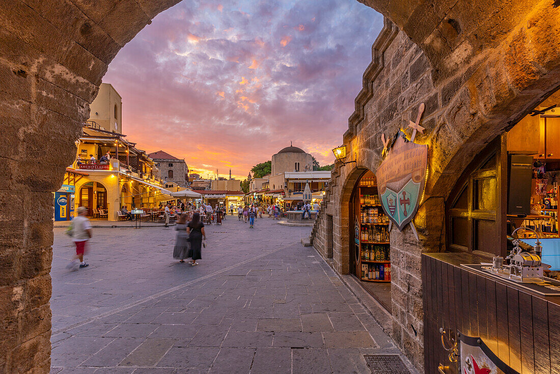 View of Hippocrates Square at sunset, Old Rhodes Town, UNESCO World Heritage Site, Rhodes, Dodecanese, Greek Islands, Greece, Europe