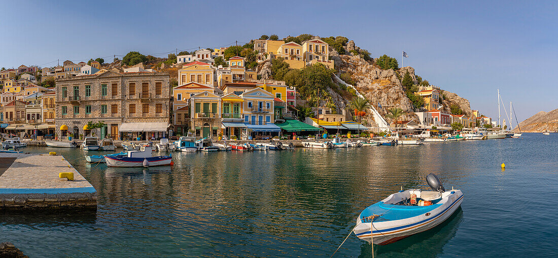 View of boats in harbour in Symi Town, Symi Island, Dodecanese, Greek Islands, Greece, Europe