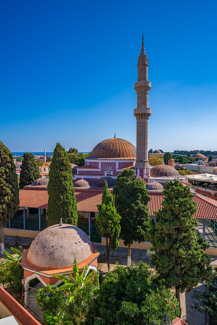 Blick auf die Suleiman-Moschee von erhöhter Position, UNESCO-Weltkulturerbe, Stadt Rhodos, Rhodos, Dodekanes-Inseln, Griechische Inseln, Griechenland, Europa