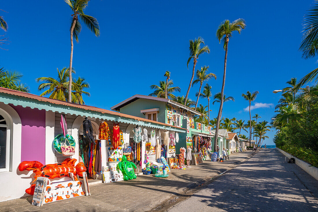 View of colourful shops on Bavaro Beach, Punta Cana, Dominican Republic, West Indies, Caribbean, Central America