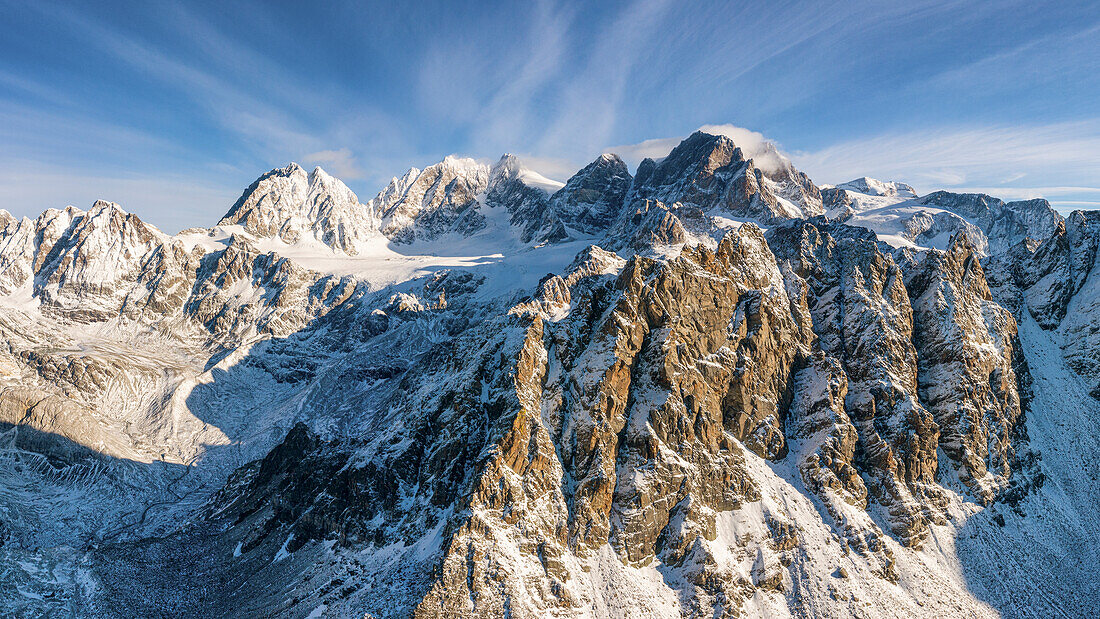 Aerial view of Musella peaks and in background Bernina Group, Valmalenco, Valtellina, Sondrio Province, Lombardy, Italy, Europe