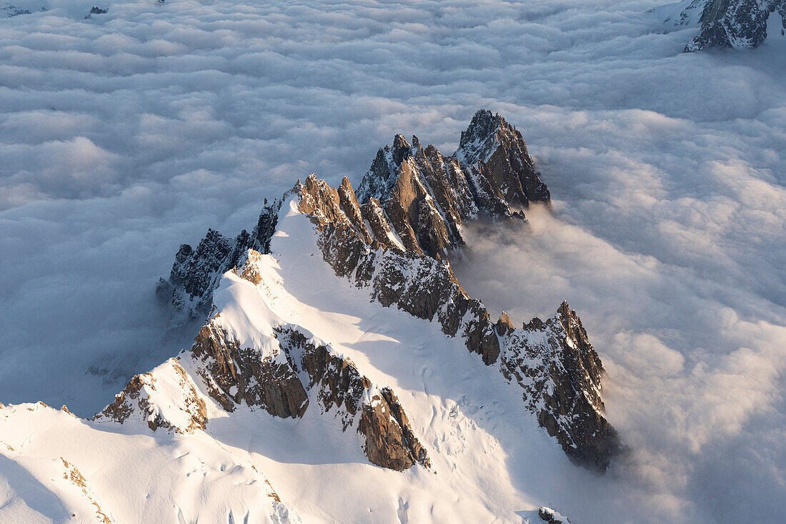 Aerial view of La Tour Ronde of Mont Blanc during sunrise, Courmayeur, Aosta Valley, Italy, Europe