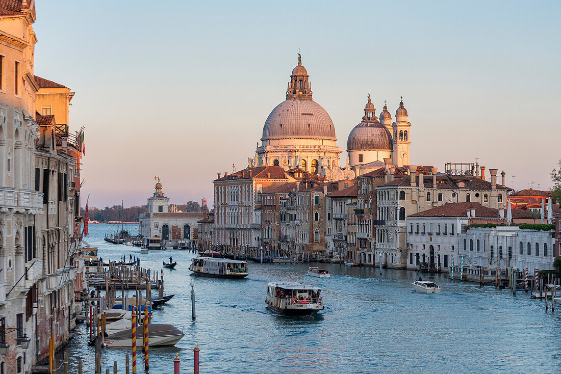 Die Basilika Santa Maria della Salute von der Ponte dell'Accademia (Accademia-Brücke) bei Sonnenuntergang, Venedig, Venetien, Italien, Europa