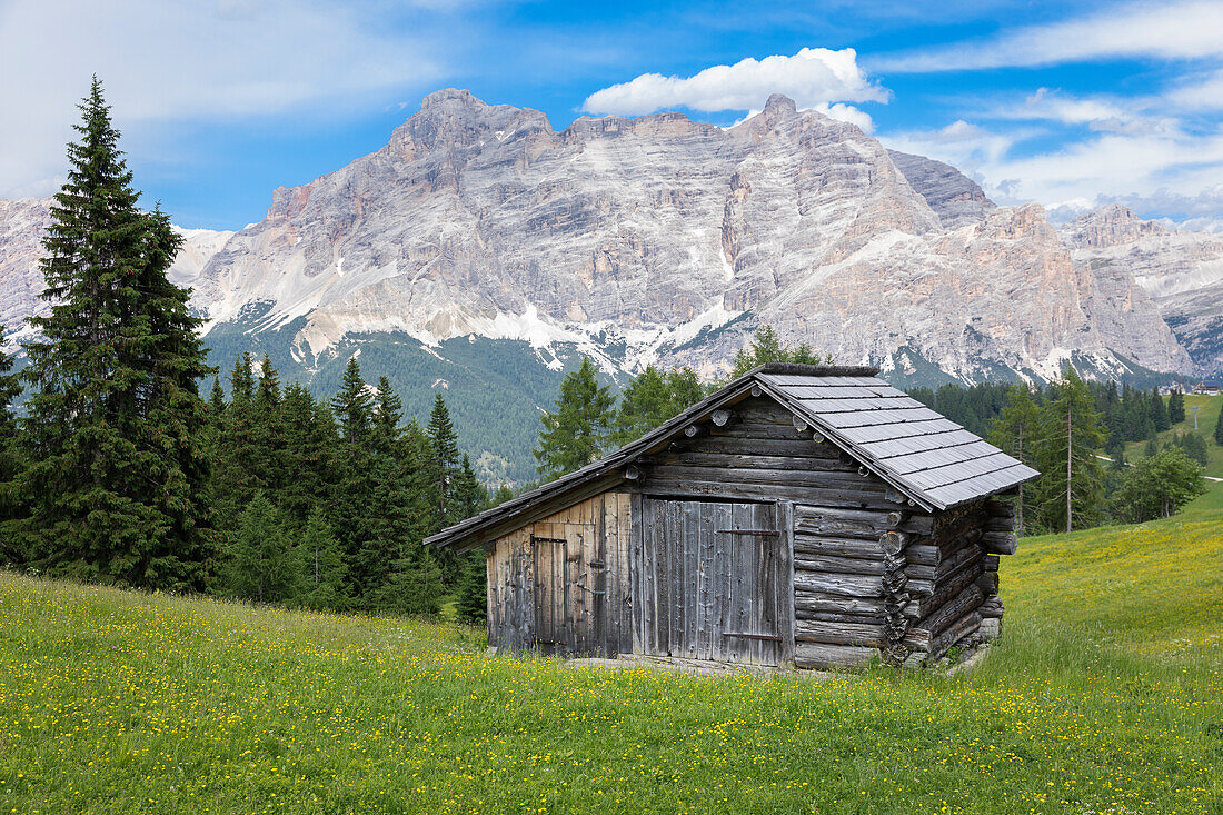PIz La Ila, Alta Badia, Badia Valley, Dolomites, Bolzano province, South Tyrol, Italy, A chalet with cima Piz Lavarela and Cima Cunturines in the background