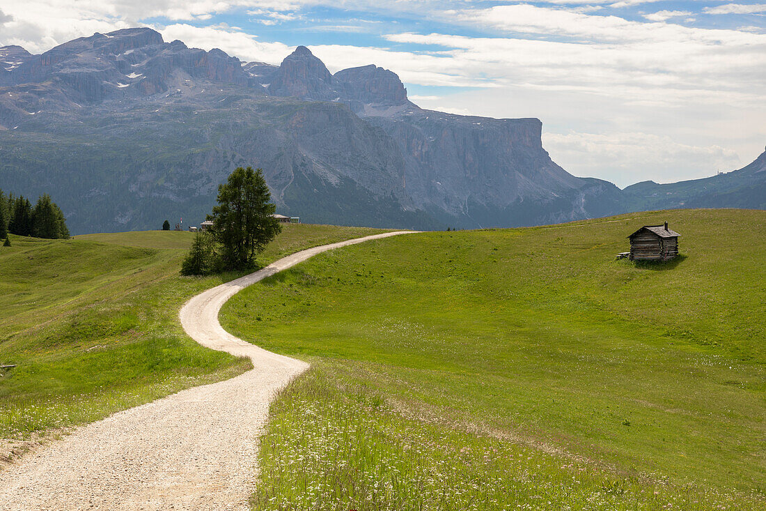 PIz La Ila, Alta Badia, Badia Valley, Dolomites, Bolzano province, South Tyrol, Italy, A chalet with mountains in the background