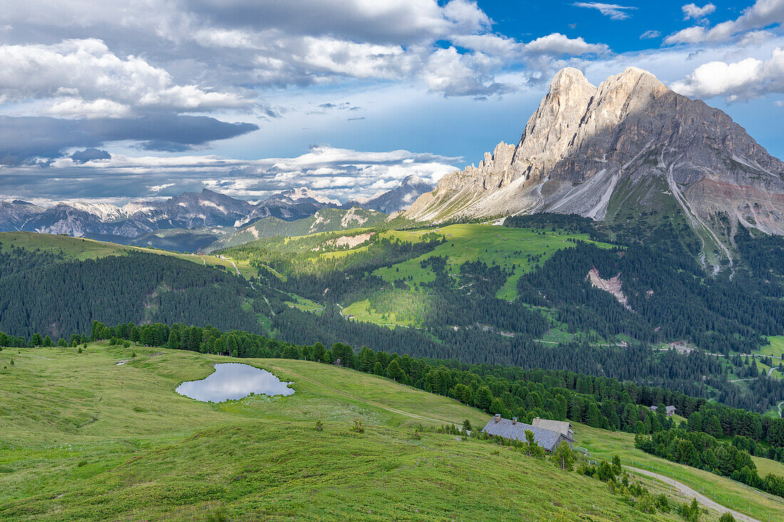 Europe, Italy, South Tyrol, Bolzano. View of Sass de Putia and the Wackerer lake, Dolomites