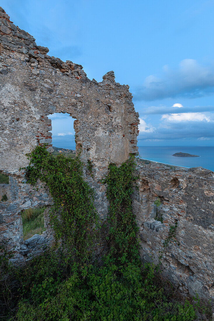 The typical medieval village of Cirella, in the background the homonymous island of Cirella, Diamante, province of Cosenza, Italy, Europe