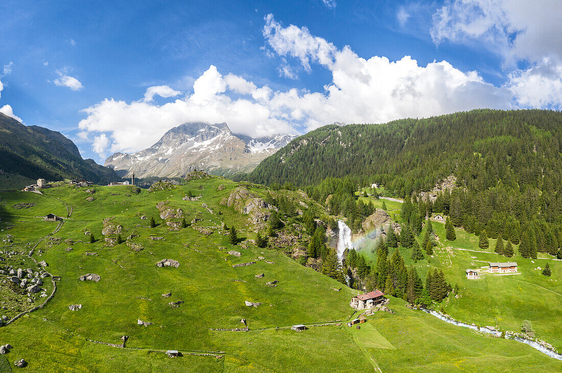 Aerial view of Eita and its waterfall, Grosio, Sondrio Province, Valtellina, Lombardy, Italy, Europe