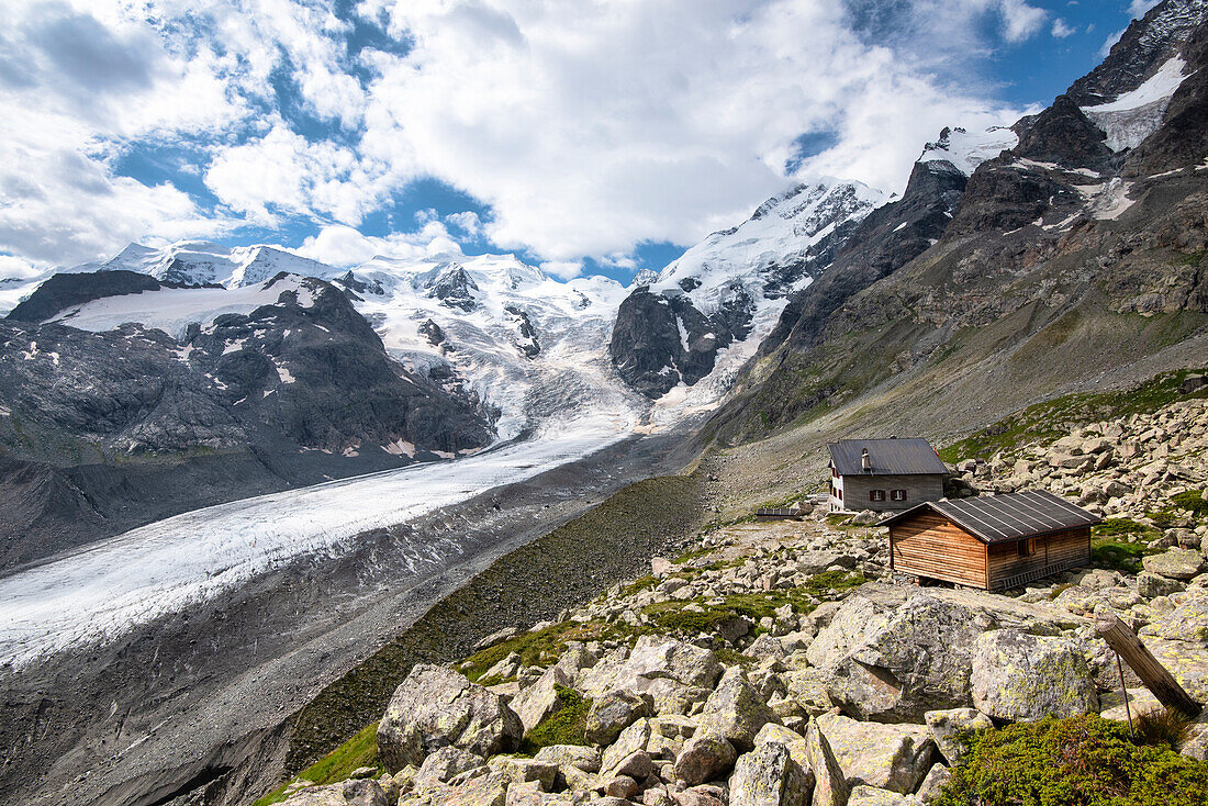 Chamanna Boval above Morteratsch glacier, Morteratsch, Engadine, canton of Graubunden, Switzerland