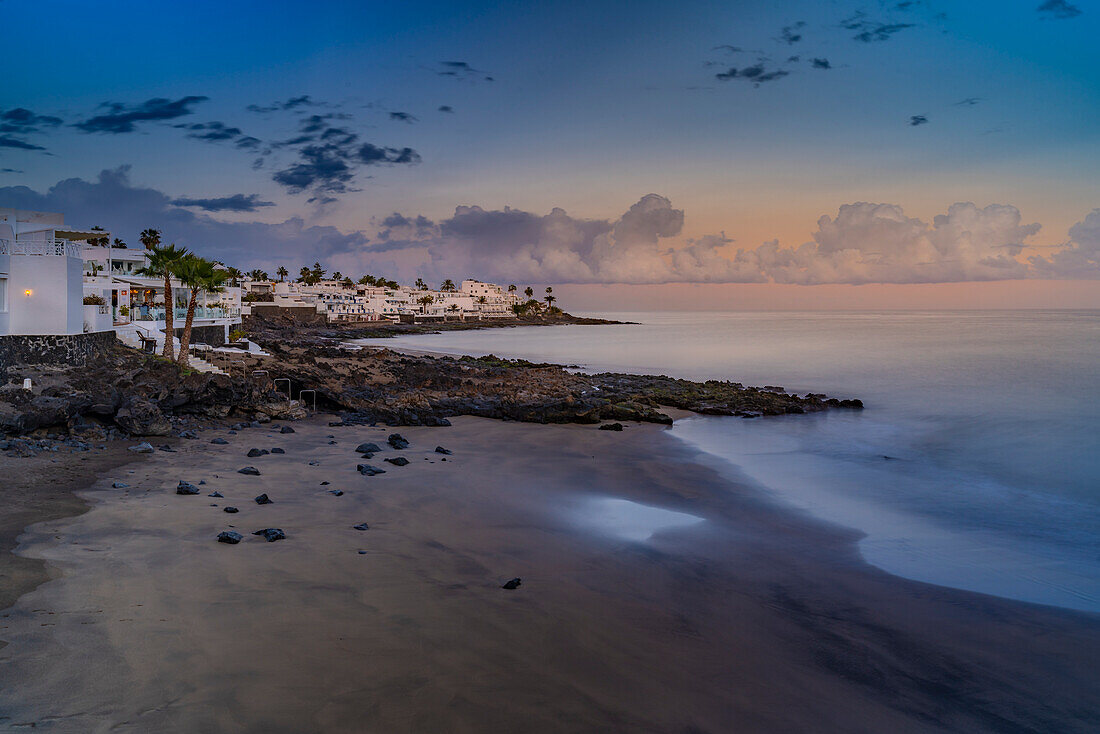 View of sunset and La Peniita beach, Puerto Carmen, Lanzarote, Las Palmas, Canary Islands, Spain, Atlantic, Europe