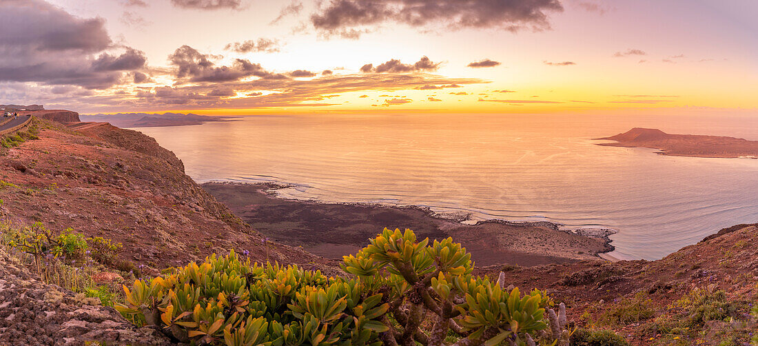 View of coastline, sunset and Atlantic Ocean from Mirador del Rio, Lanzarote, Las Palmas, Canary Islands, Spain, Atlantic, Europe