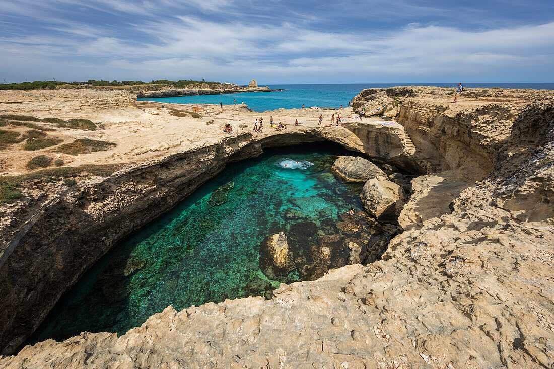 Grotta della Poesia (Poetry Cave) natural pool among karsk formations, Roca archaeological site, near Melendugno, Puglia, Italy, Europe