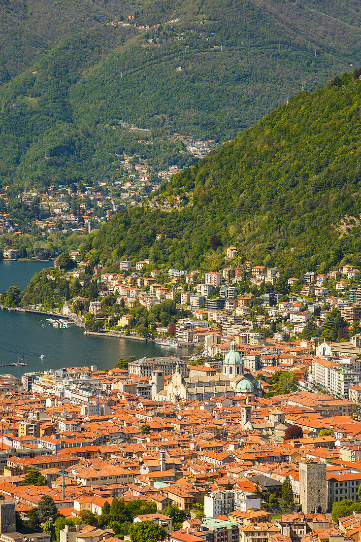 A view of Como city and lake Como from Baradello tower (Spina Verde), Lombardy, Italy, Europe