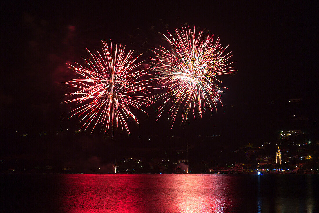 Madonna Della Neve night party with fireworks, Pusiano village, Pusiano lake, Como province, Lombardy, Italy, Europe