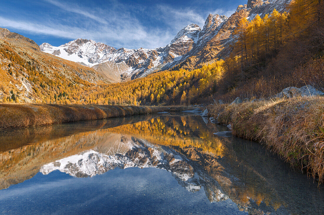 Reflexionen des Bergs Disgrazia im Herbst, Preda Rossa, Valtellina, Valmasino, Provinz Sondrio, Lombardei, Italien, Europa