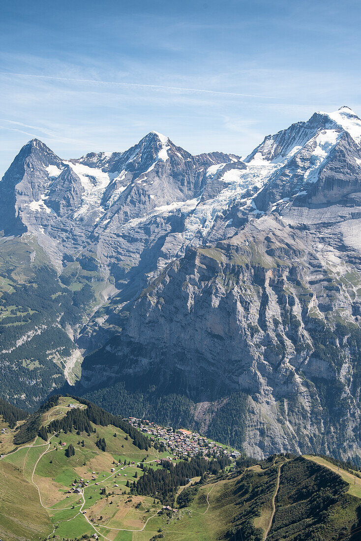 Village of Murren and Jungfrau Group from Schilthorn Piz Gloria, Murren, Lauterbrunnen, Switzerland, Europe