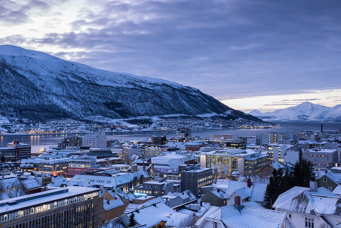 The city of Tromso during winter dusk, Troms County, Norway, Europe