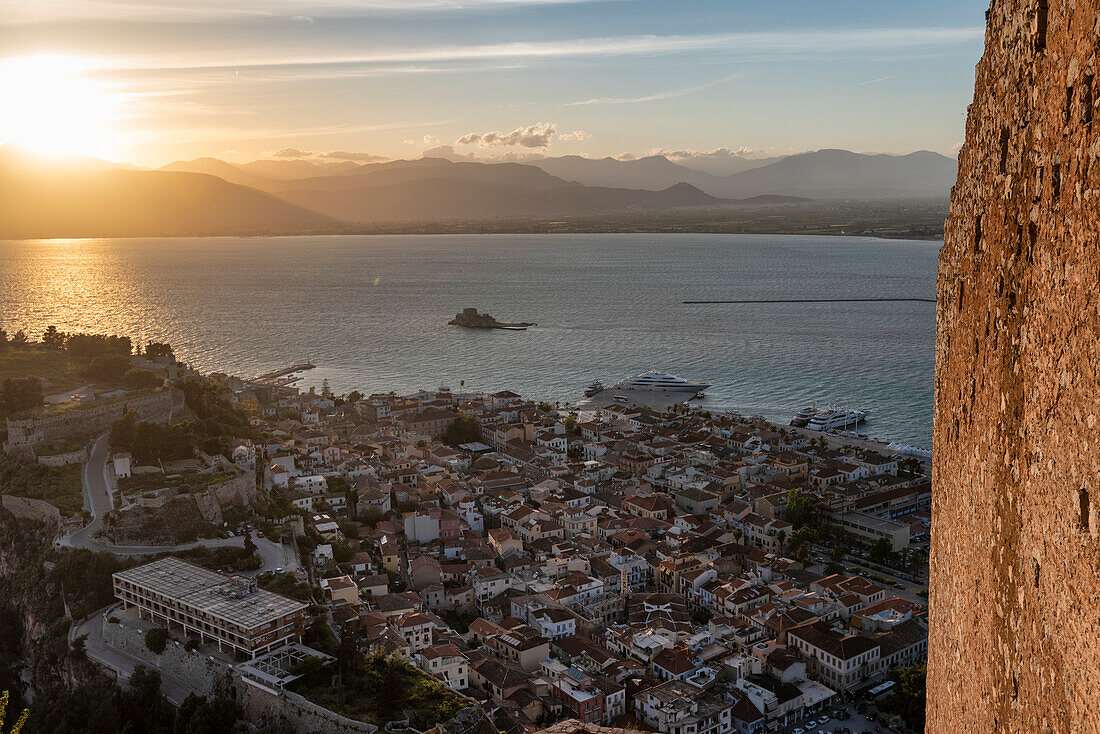 The town of Nafplio from fortress of Palamidi, Nafplio, Peloponnese, Greece, Europe