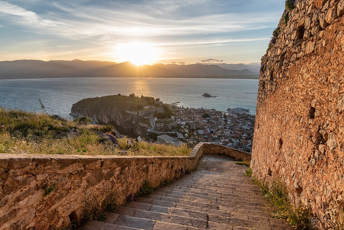 The town of Nafplio from fortress of Palamidi, Nafplio, Peloponnese, Greece, Europe