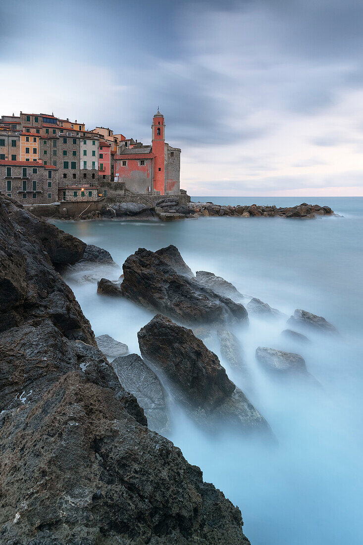 a log exposure in cold spring sunset, town of Tellaro, UNESCO World Heritage Site, municipality of Lerici, La Spezia province, Liguria district, Italy, Europe.