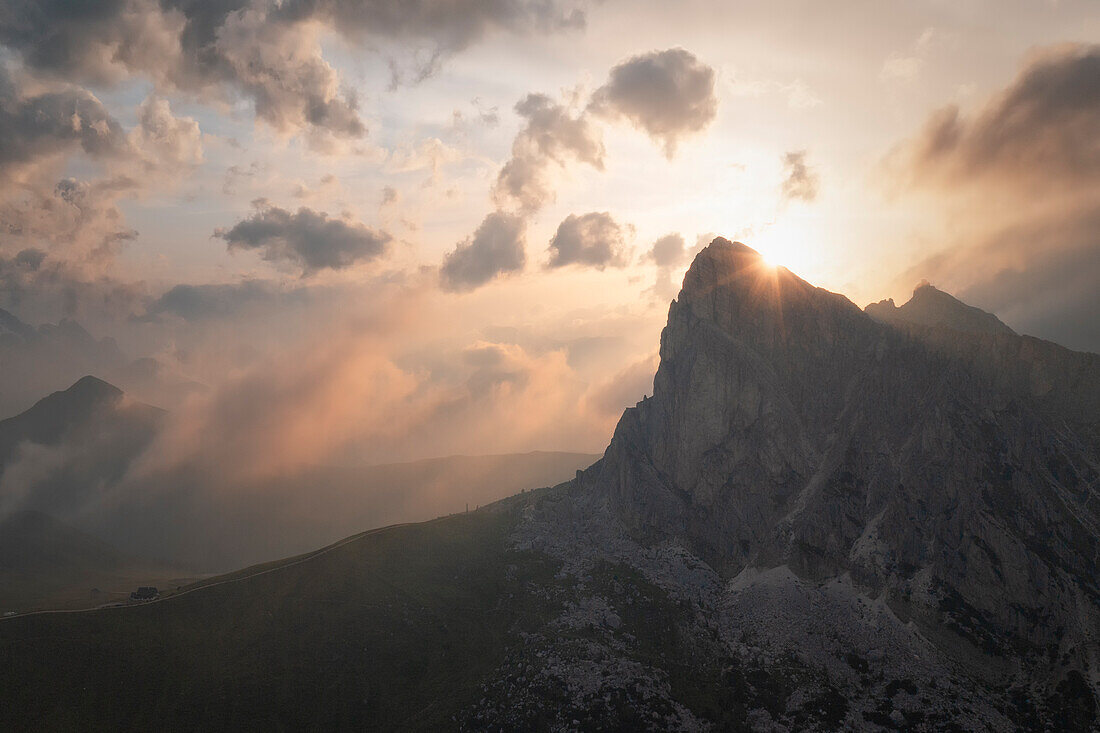 aerial view taken by drone of Ra Gusela mountain, during a warm summer sunset, Giau pass, Dolomiti, Belluno province, Veneto district, Italy, Europe