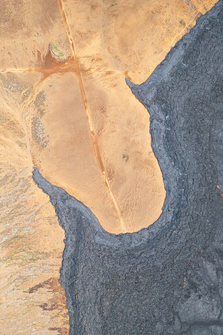 aerial view taken by drone of lava field near to Fagradalsfjall volcano, Sudurnes, Iceland, Europe