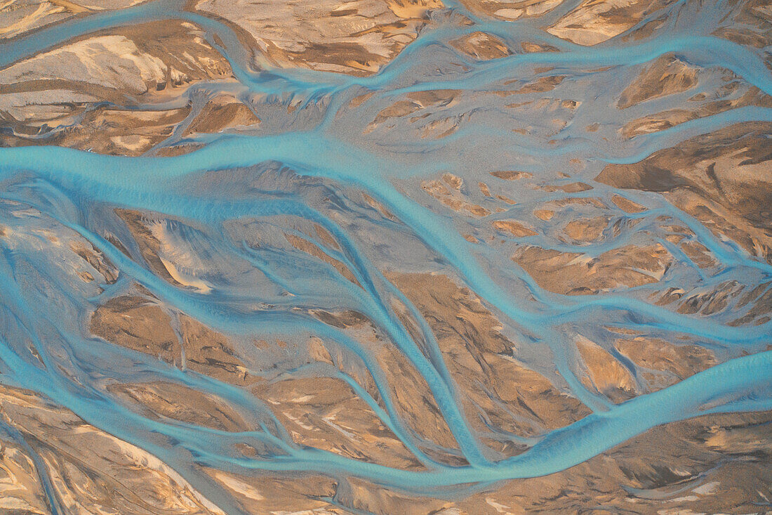 aerial abstract taken by drone of icelandic river during a summer day, Landlammalaugar, Sudurland, Iceland, Europe