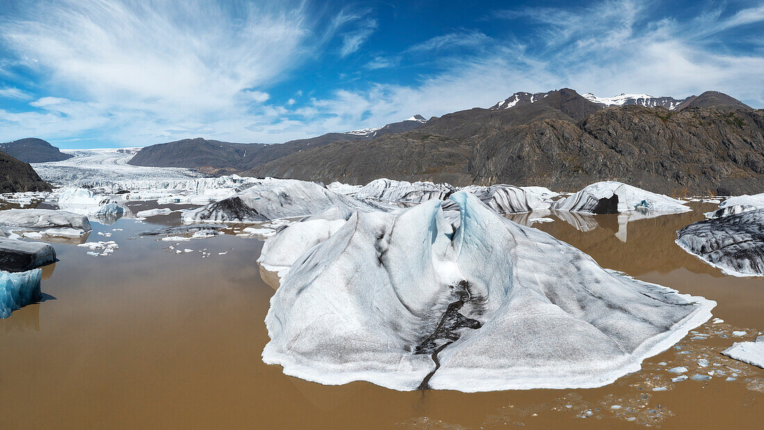 aerial view taken by drone of Hoffel Glacier Lagoon during a summer day, Iceland, Europe