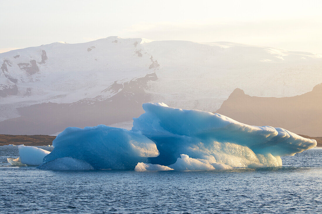 Icebergs during a summer sunset, Jokulsarlon Glacier Lagoon, Austurland, Eastern Iceland, Iceland, Europe