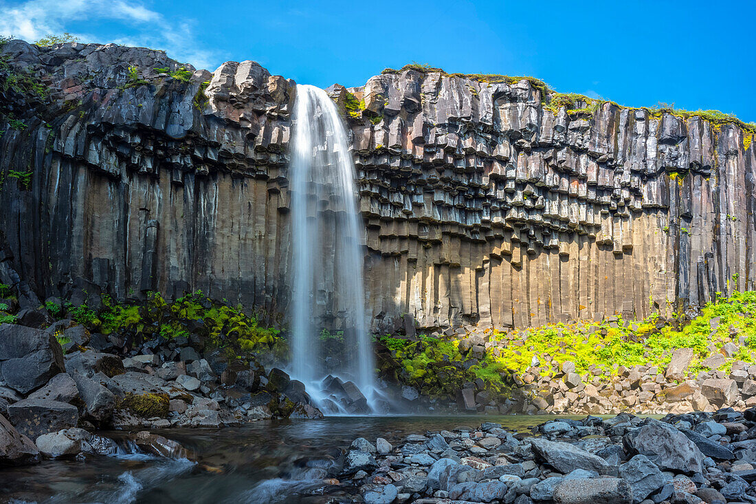 Panoramablick auf die Svartifoss-Wasserfälle an einem Sommertag, Austurland, Island, Europa