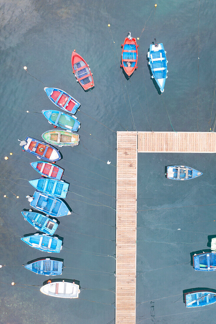 aerial vertical view, taken by drone, of the fishing harbour of Cudillero, municipality of Cudillero, Asturie, Spain, Europe