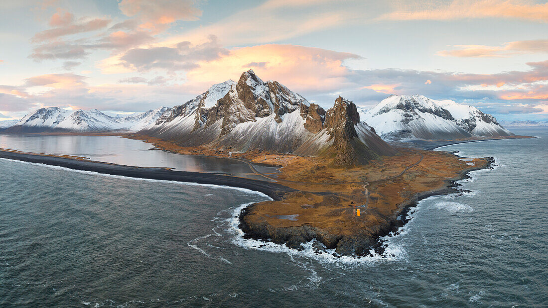 Aerial view taken by drone of Eystrahorn mountain, during a cold winter day, Hvalnesviti, Southern Iceland, Europe