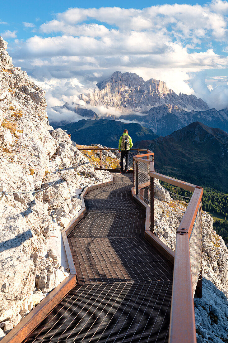 one hiker enjoy the beautiful landscape from the Lagazuoi to Civetta mountain, Dolomiti, Veneto district, Italy, Europe