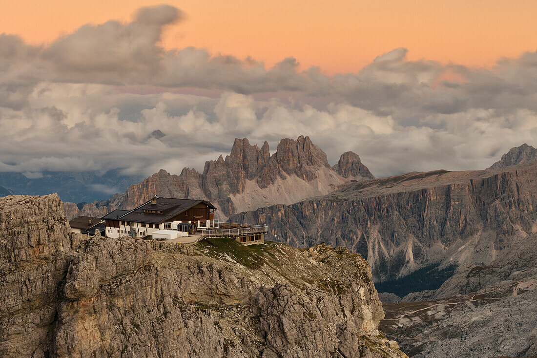 the Lagazuoi hut during a summer sunset, Falzarego pass, municipality of Cortina d'Ampezzo, Dolomiti, Veneto district, Italy, Europe