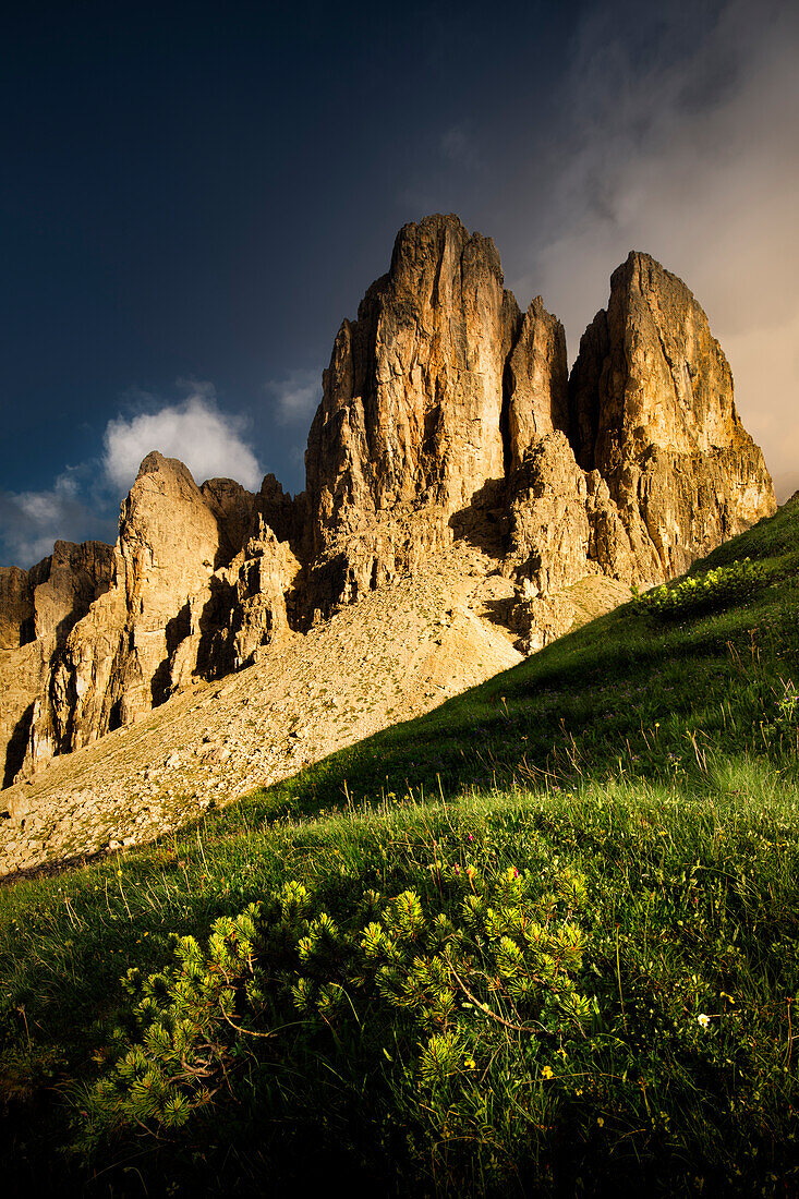 Europe, Italy, Trentino-AltoAdige, Dolomites, South Tirol, Bolzano province, Gardena pass. Last sun on the Gardena pass.