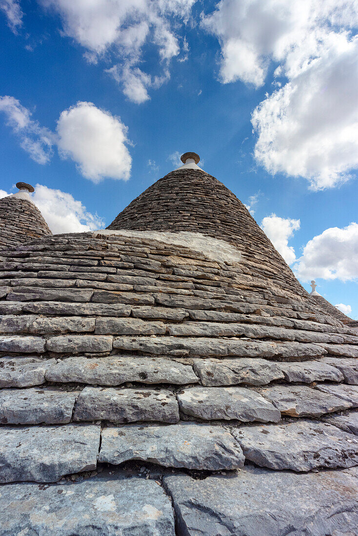 view of the Trulli, typical buildings of Alberobello (Unesco World Heritage Site) during a splendid summer day, municipality of Alberobello, Bari province, Apulia district, Italy, Europe