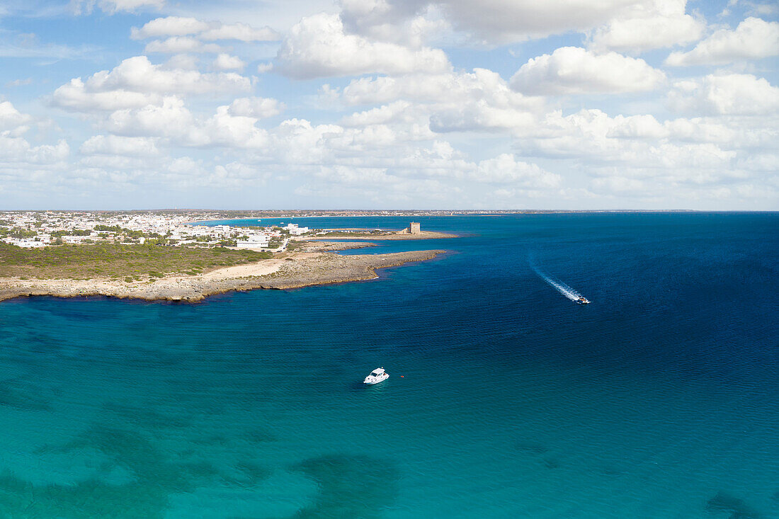 aerial view taken by drone of Torre Lapillo beach in summer time, municipality of Porto Cesareo, Lecce province, Apulia district, Italy, Europe