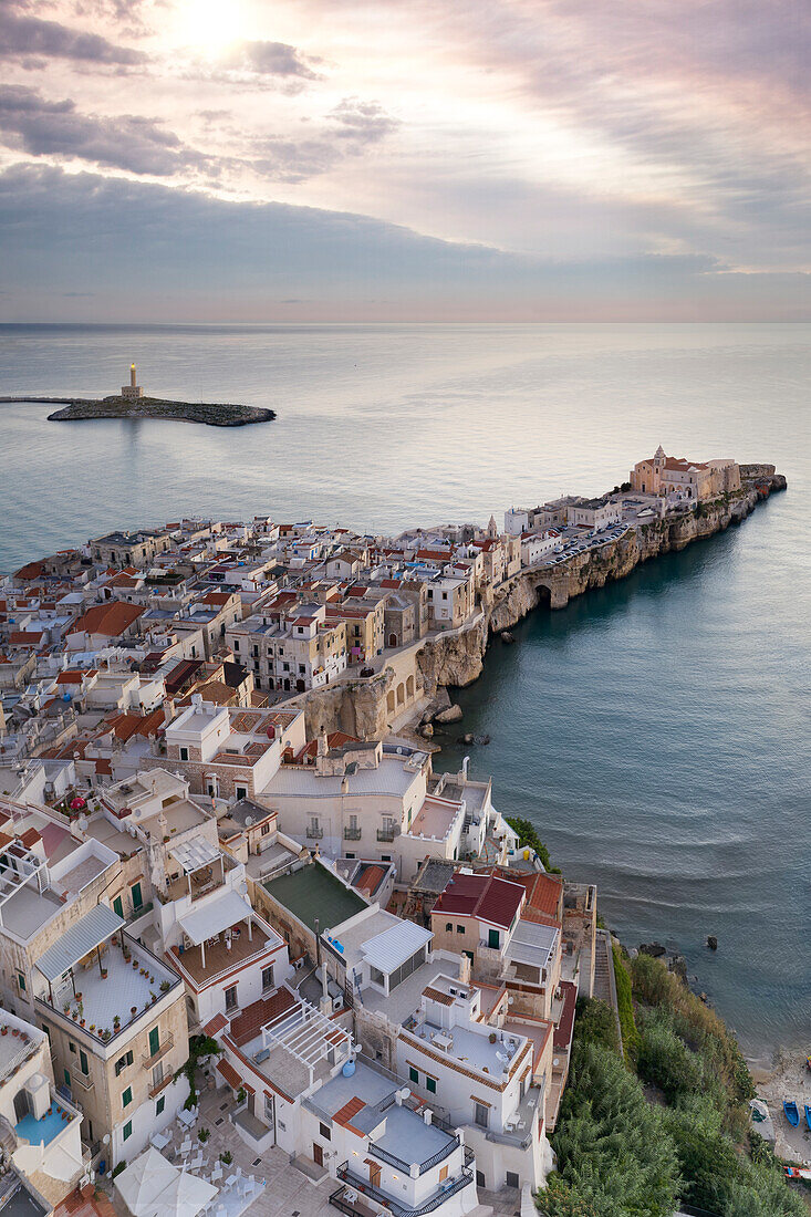 aerial view of the historic center of Vieste, taken during a summer sunrise, municipality of Vieste, Foggia province, Apulia district, Italy, Europe