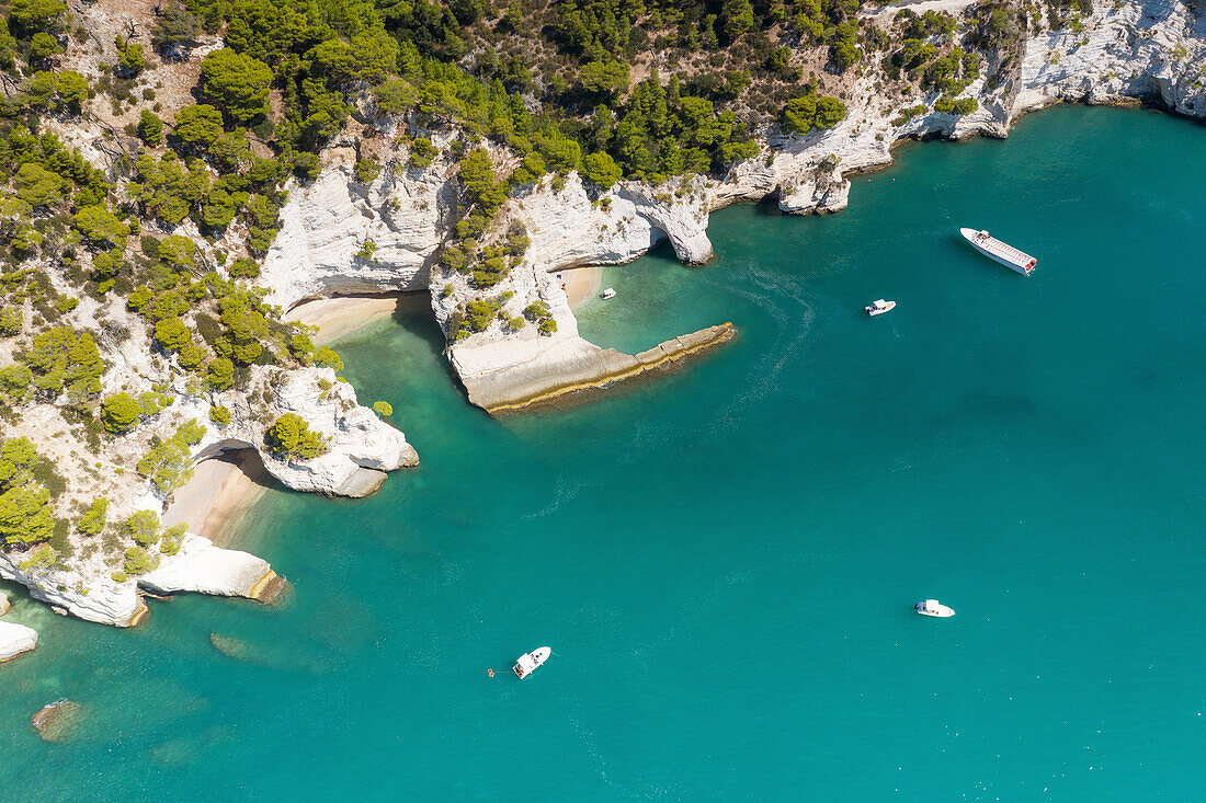 aerial view of the Gargano coast, characterized by white cliffs, caves and a crystalline sea, taken during a summer day, municipality of Vieste, Foggia province, Apulia district, Italy, Europe