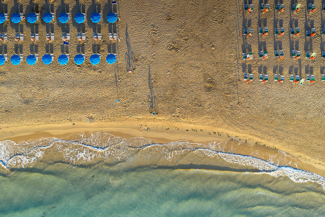 Senkrechtes Luftbild des ausgestatteten Strandes von Vieste, aufgenommen während eines Sonnenaufgangs im Sommer, Gemeinde Vieste, Provinz Foggia, Bezirk Apulien, Italien, Europa