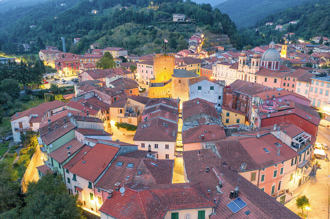 Aerial view from the drone on a summer evening of the historic center of Varese Ligure, municipality of Varese Ligure, province of La Spezia, district of Liguria, Italy, Europe