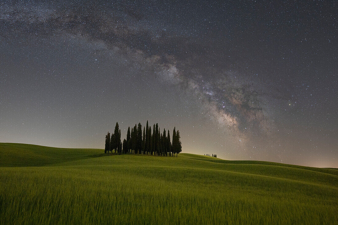 the milky way arches, near the iconic Cypresses of San Quirico d'Orcia, Siena province, Tuscany district, Italy, Europe