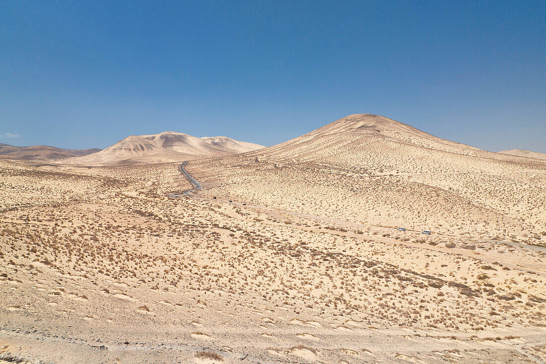 aerial view taken by drone of a beautiful mountain back to beach of Sotavento during a summer sunny day, Fuerteventura, Canary Island, Spain Europe