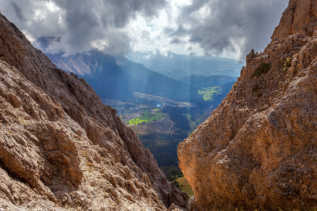 A vew of Carezza Lake froma a fork along the Via Ferrata Roda di Vael, Dolomites, Catinaccio Group, Fassa Valley, Trento province, Trentino-Alto Adige, Italy